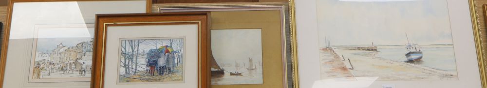 Julia M. Phelps, Is it Oxford or Cambridge?, signed, watercolour, 12.5cm x 18cm and three other pictures